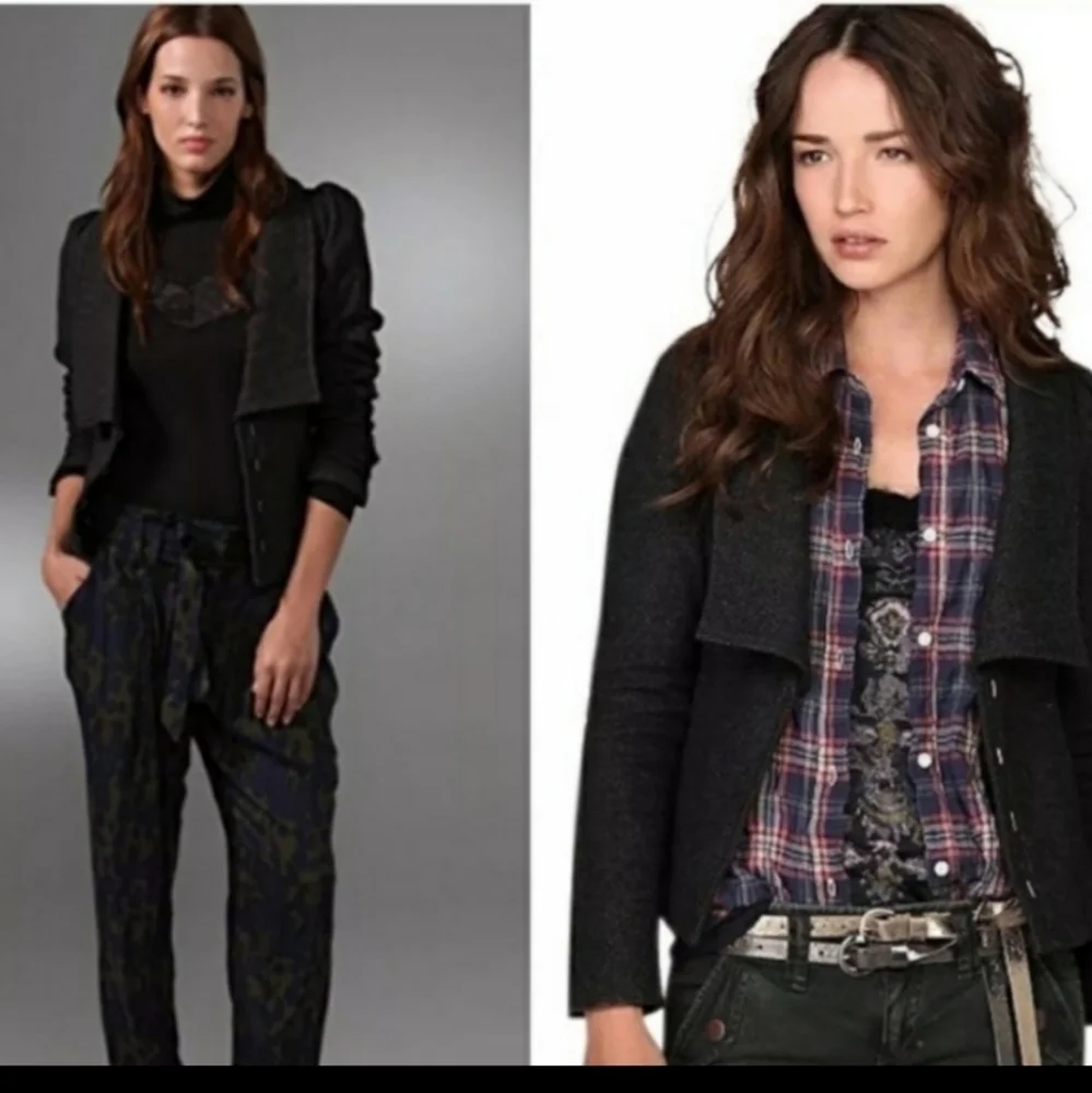 Free People Dark Academia Herringbone Wool Blend Puff Sleeve Jacket Size 4